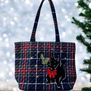 Vera Bradley Vera Tote Small Blue Tartan Plaid Scottie Dog Quilted Zip Top NEW